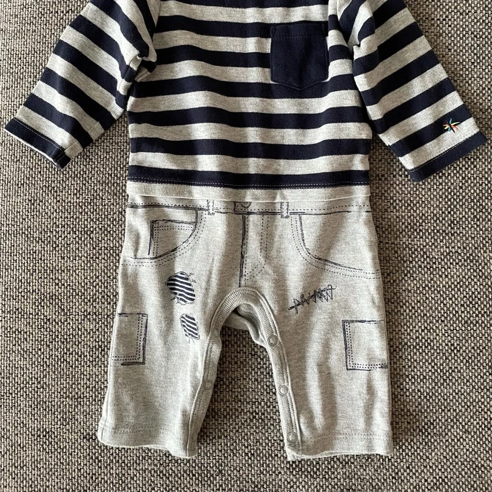 Truly Scrumptious | Grey Navy Striped Long Sleeve Playsuit Romper | 3 months